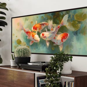Vibrant koi fish art print featuring five colorful koi swimming among soft lily pads in a dreamy pond. This serene piece is a high-resolution canvas reproduction of an original painting, with no physical texture. Ideal for tranquil decor and Zen-inspired spaces.