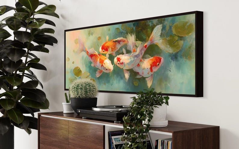 Vibrant koi fish art print featuring five colorful koi swimming among soft lily pads in a dreamy pond. This serene piece is a high-resolution canvas reproduction of an original painting, with no physical texture. Ideal for tranquil decor and Zen-inspired spaces.