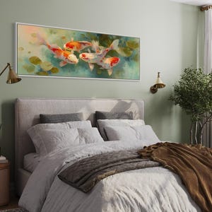 Vibrant koi fish art print featuring five colorful koi swimming among soft lily pads in a dreamy pond. This serene piece is a high-resolution canvas reproduction of an original painting, with no physical texture. Ideal for tranquil decor and Zen-inspired spaces.