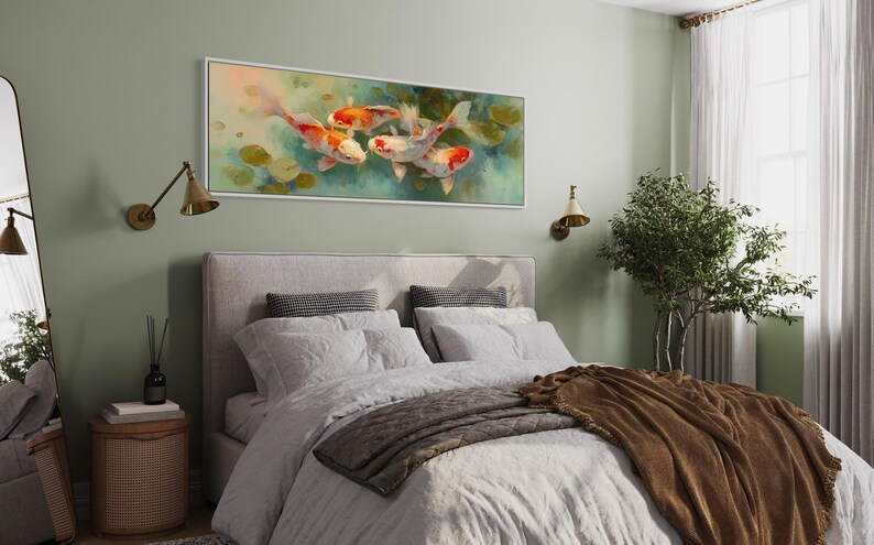 Vibrant koi fish art print featuring five colorful koi swimming among soft lily pads in a dreamy pond. This serene piece is a high-resolution canvas reproduction of an original painting, with no physical texture. Ideal for tranquil decor and Zen-inspired spaces.