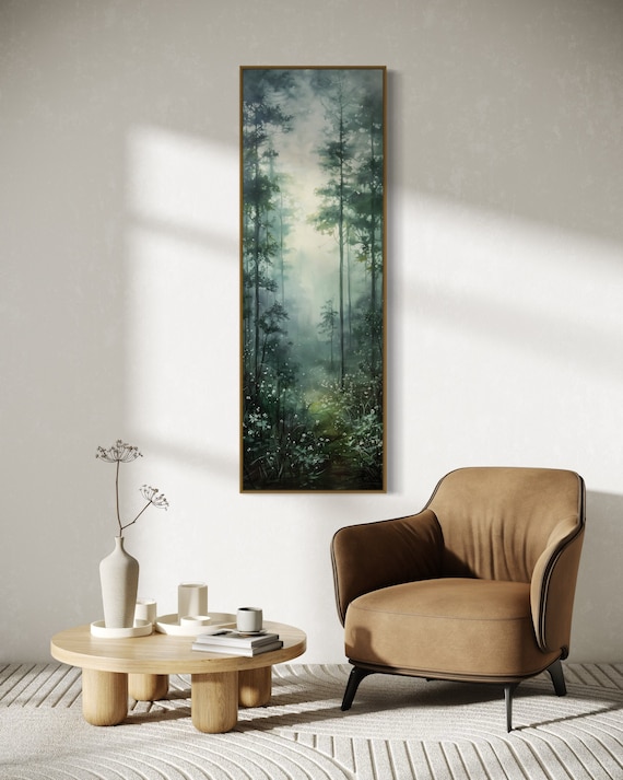 Enchanted Misty Forest - Tall Vertical Relaxing Forest Scene with Wild Flower Print, Narrow Wall Art in Dark Forest Green
