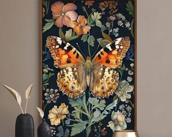 Botanische vlinderkunst aan de muur – elegante bloemencanvas, vintage insectendecor voor woonkamer, cottagecore of boven het bed