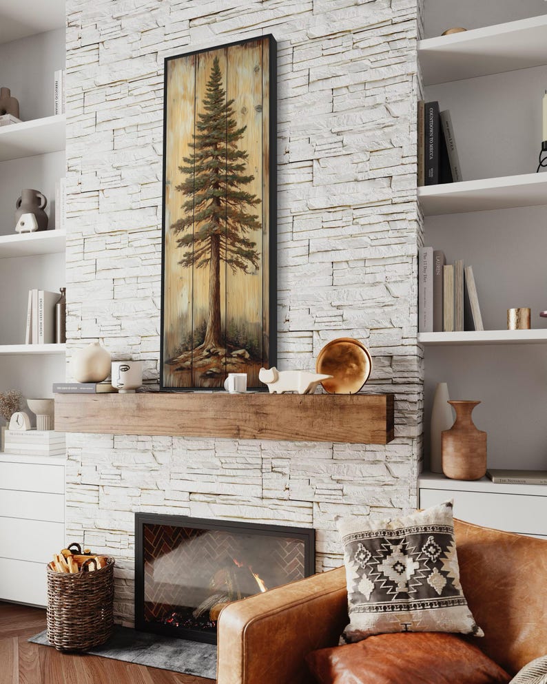 A rustic painting of a tall pine tree on wooden panels, showcasing natural textures and earthy tones. It is a perfect blend of art and nature with a handcrafted feel.