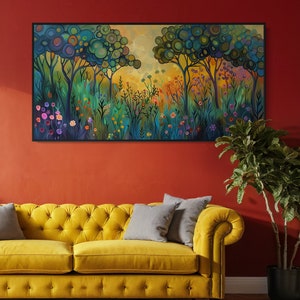 A whimsical forest comes to life with stylized trees crowned with circular canopies in shades of green and blue, while vibrant, colorful flowers bloom below in a magical, storybook setting.