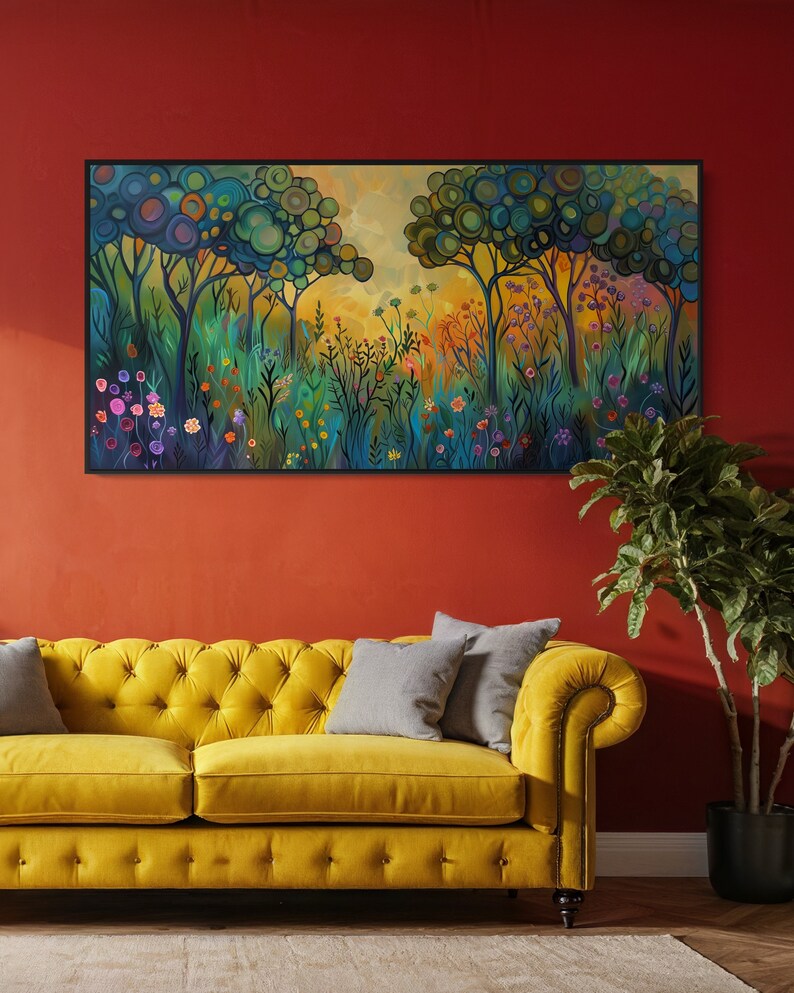 A whimsical forest comes to life with stylized trees crowned with circular canopies in shades of green and blue, while vibrant, colorful flowers bloom below in a magical, storybook setting.
