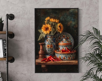 Talavera Pottery Art Print – Mexican Kitchen Wall Decor with Sunflowers and Chili Peppers, Colorful Southwestern Still Life Canvas
