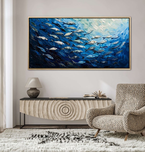 Ocean Harmony: School of Fish Painting Print, Modern Impressionism Luxury Wall Art, Underwater Wall Art for Cottage Decor