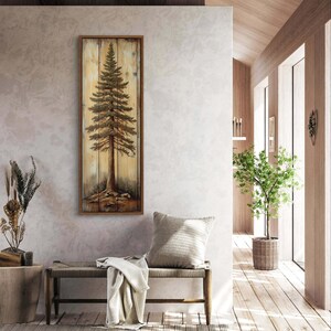 A rustic painting of a tall pine tree on wooden panels, showcasing natural textures and earthy tones. It is a perfect blend of art and nature with a handcrafted feel.