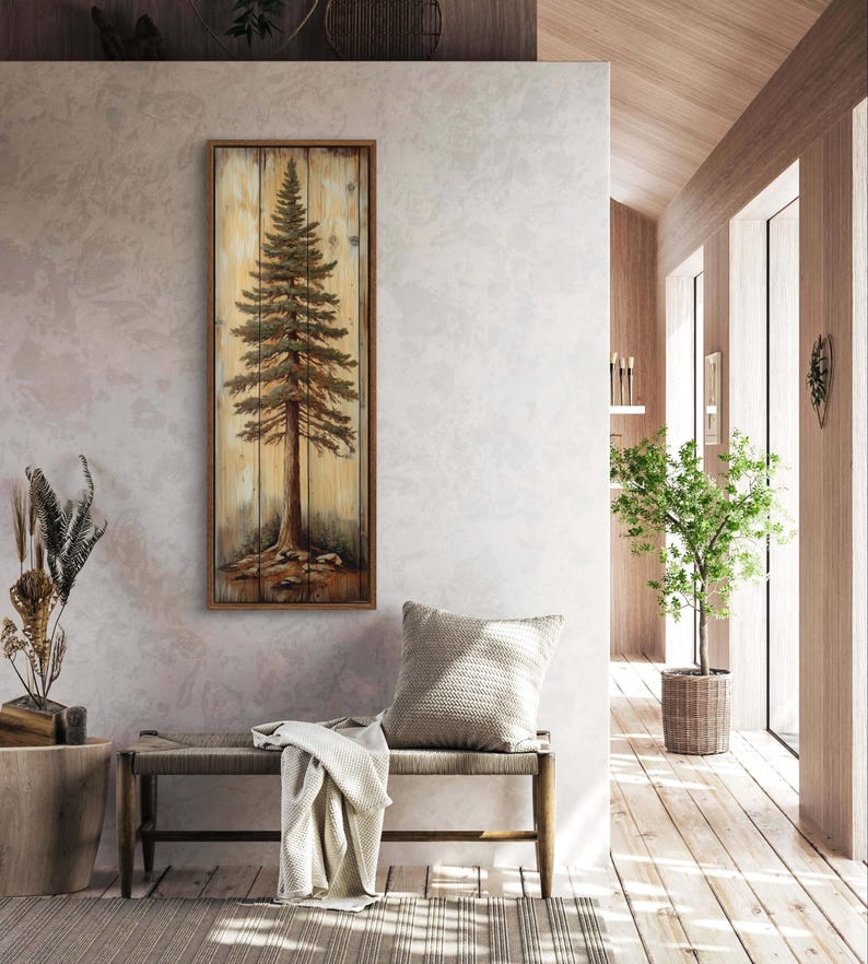 A rustic painting of a tall pine tree on wooden panels, showcasing natural textures and earthy tones. It is a perfect blend of art and nature with a handcrafted feel.
