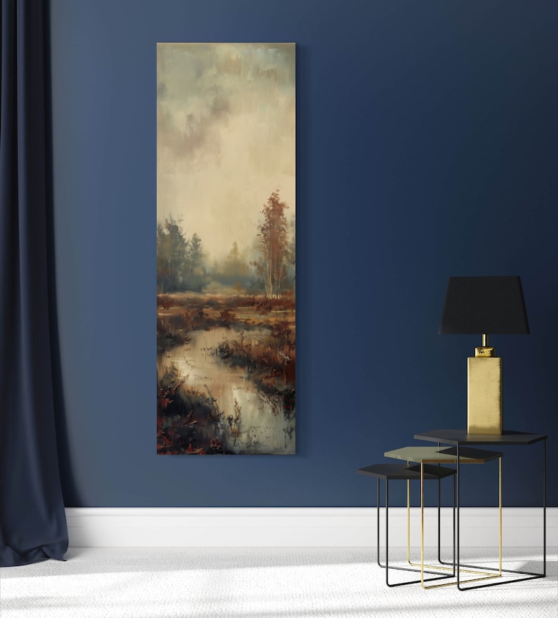 This atmospheric painting captures a moody landscape with a dramatic interplay of light and shadow. A muted palette conveys the serenity of a misty marshland, evoking a sense of quiet introspection.