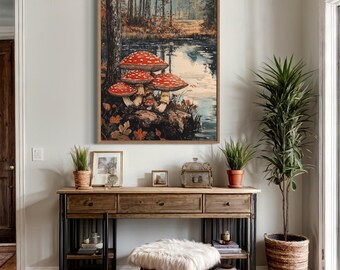 Quadro da parete con funghi del bosco - Stampa di una rustica scena autunnale con funghi rossi e lago nel bosco, decorazione suggestiva in stile boschivo o accento ispirato al cottage.