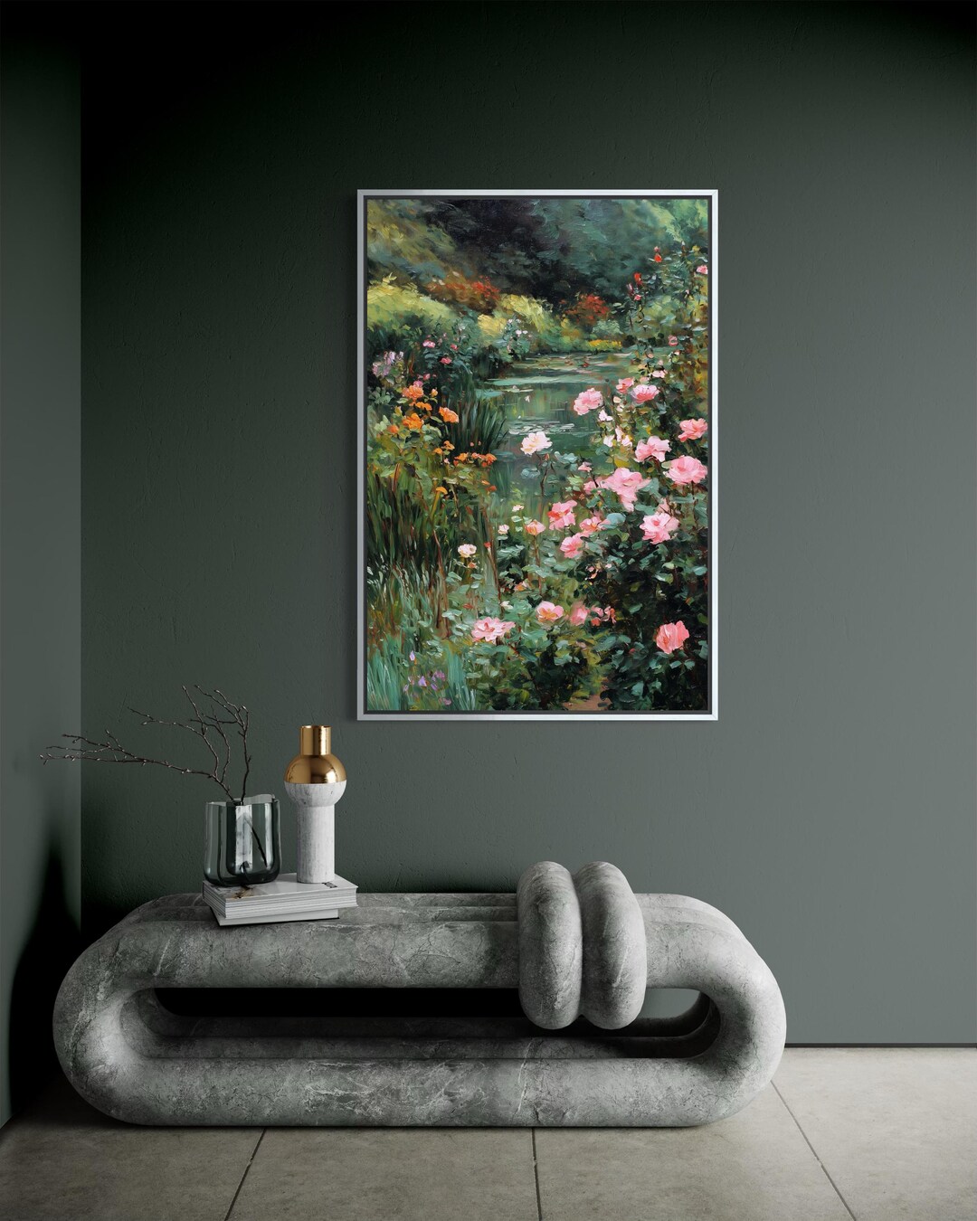 Romantic Rose Garden Wall Art - Pink Roses Landscape Painting Print ...