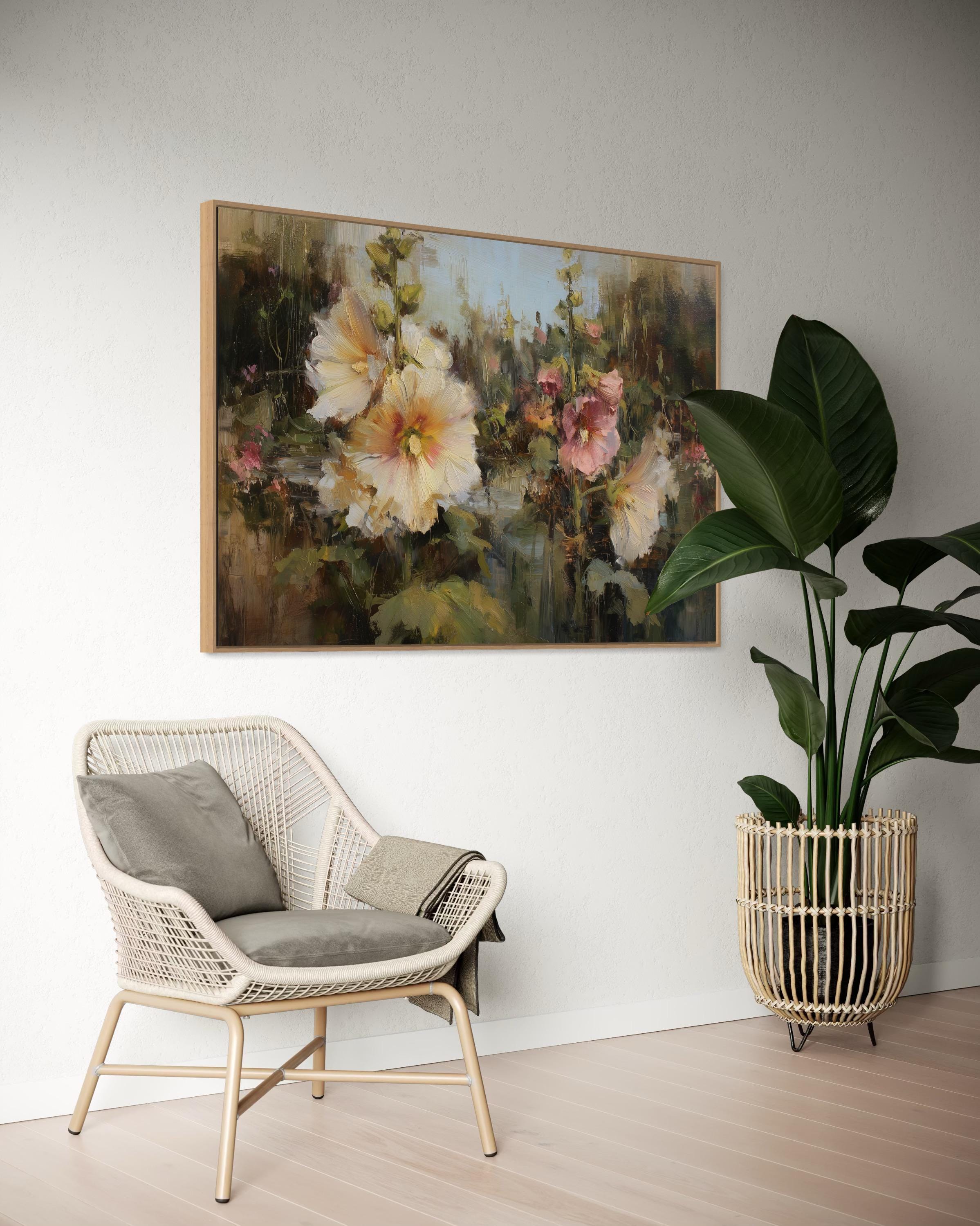 Romantic Hollyhocks Art Print – Impressionist Floral Wall Art