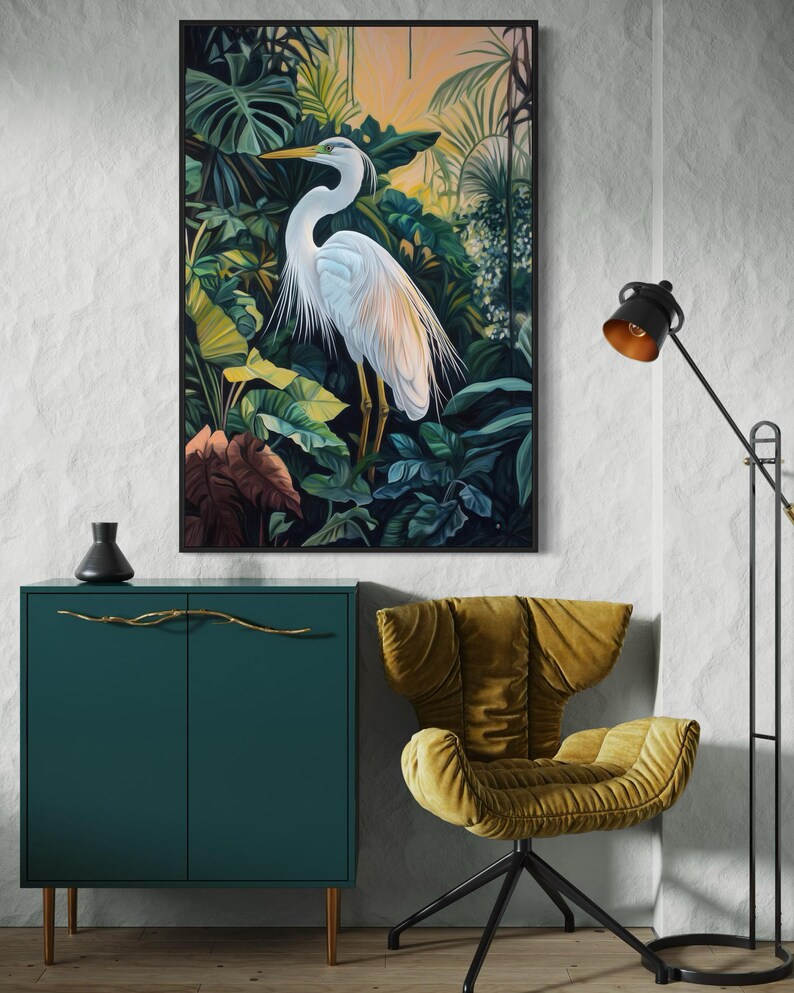 This canvas print captures a majestic heron standing amidst lush tropical foliage, illuminated by a soft, golden sunrise. Its detailed portrayal and vibrant setting make it a striking piece for any nature or bird enthusiast's collection.