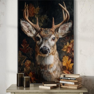 Deer Wall Art Print – Buck With Antlers Painting, Rustic Wildlife Home Decor, Autumn Forest Animal Poster, Cabin Lodge Nature Artwork