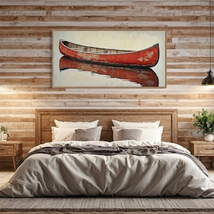 This artwork features a rustic red canoe resting serenely on calm waters. The canoe, with its weathered surface, reflects beautifully in the water, showcasing its rich color. The soft background adds a tranquil atmosphere, perfect for nature lovers.