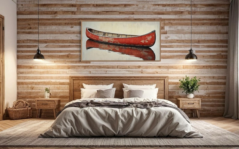 This artwork features a rustic red canoe resting serenely on calm waters. The canoe, with its weathered surface, reflects beautifully in the water, showcasing its rich color. The soft background adds a tranquil atmosphere, perfect for nature lovers.