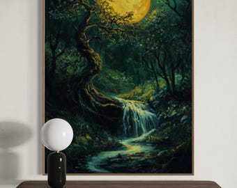 Enchanted Moonlit Forest Wall Art - Mystical Full Moon Print with Waterfall, Atmospheric Gothic Forest Art, and Calming Night Sky Art