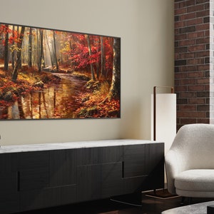 Autumn Whisper: A tranquil forest brook winds through a golden autumnal embrace, flanked by fiery red leaves and bathed in soft, dappled sunlight.