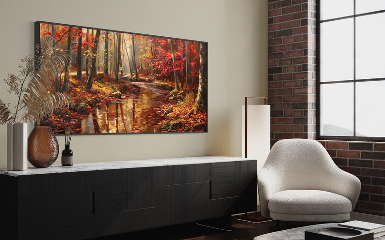 Autumn Whisper: A tranquil forest brook winds through a golden autumnal embrace, flanked by fiery red leaves and bathed in soft, dappled sunlight.