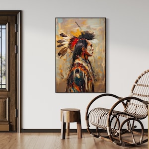 This striking portrait captures a Native American in profile, adorned with a vibrant feather headdress. The dynamic brushstrokes and bold colors evoke a sense of strength and spirit.