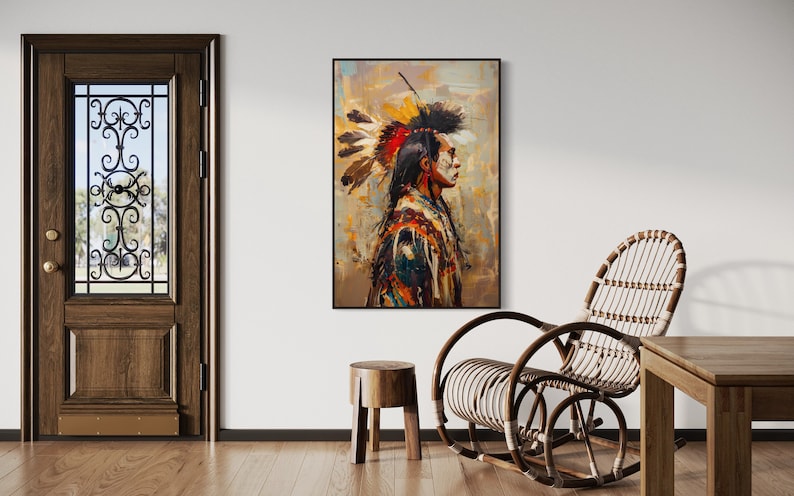 This striking portrait captures a Native American in profile, adorned with a vibrant feather headdress. The dynamic brushstrokes and bold colors evoke a sense of strength and spirit.