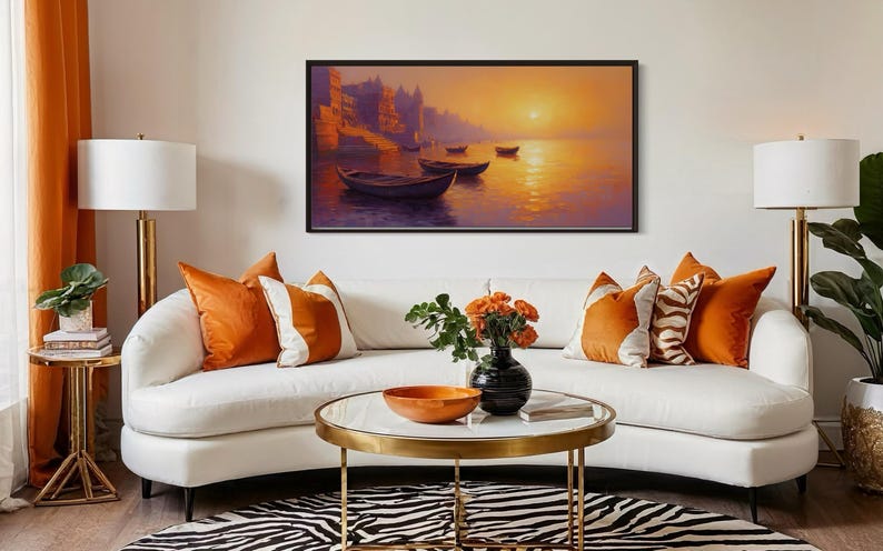 This breathtaking canvas print captures the beauty of the Ganges River at sunrise. The golden light reflects off the calm water, creating a peaceful and spiritual scene. This artwork brings a sense of tranquility and cultural richness to any space.