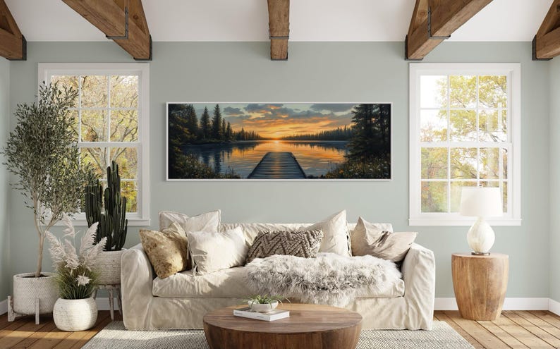 Sunset Lake Dock Art Print – Tranquil Nature Landscape Wall Art, Rustic ...