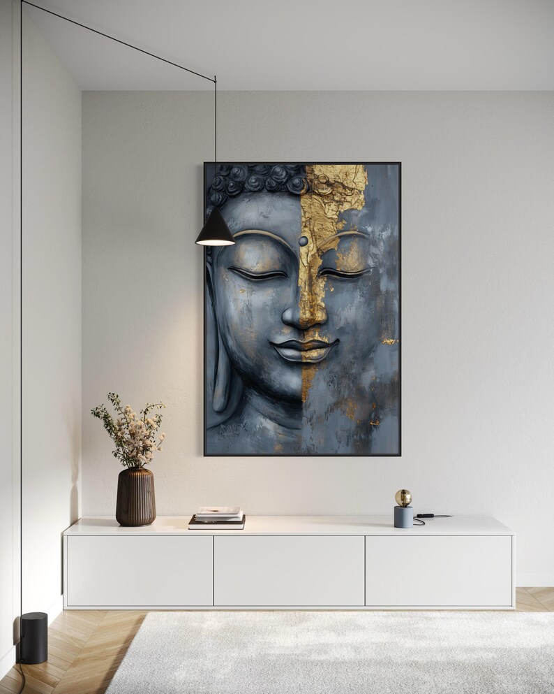 Modern Buddha Face Wall Art – Zen Gold and Gray Canvas or Poster ...