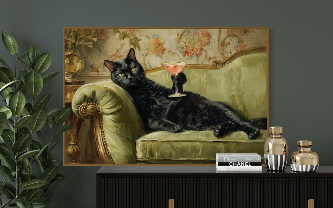 Black Cat Cocktail Art Print – Whimsical Cat Wall Art, Funny Animal ...