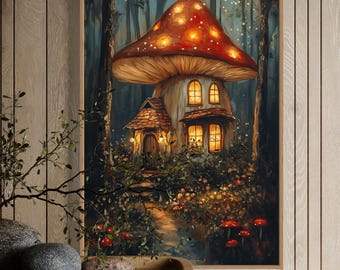 Cuadro decorativo de una encantadora casita de setas: lámina de una casa de setas encantada para una decoración acogedora de estilo Fairycore, Cottagecore o para colocar encima de la cama con temática de bosque.
