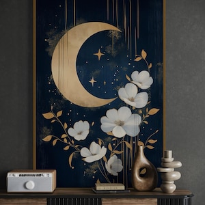 Golden Crescent Moon Canvas – Celestial Floral Wall Art, Mystical Night Sky Print, Ethereal Boho Decor for Living Room or Above Bed