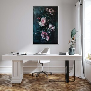 Emerald Nocturne  - A captivating floral display, with blooms of pink and white against a deep teal backdrop, exuding a mysterious, nocturnal charm.