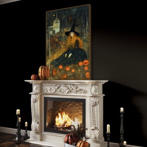 Captivating artwork of a witch in a mystical forest, surrounded by glowing pumpkins and an enchanted cottage, evoking a spellbinding Halloween night.