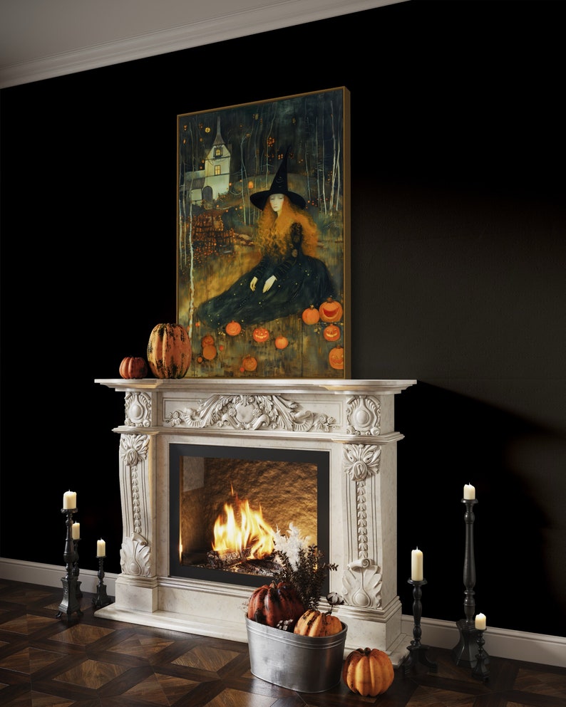 Captivating artwork of a witch in a mystical forest, surrounded by glowing pumpkins and an enchanted cottage, evoking a spellbinding Halloween night.