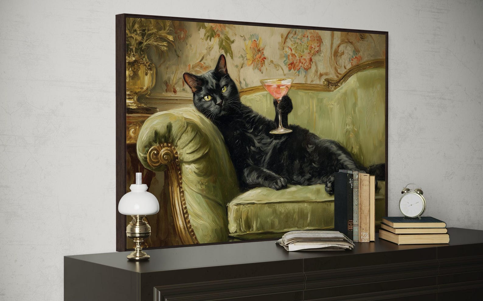 Black Cat Cocktail Art Print – Whimsical Cat Wall Art, Funny Animal ...