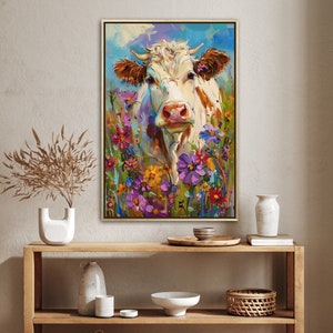 Whimsical Bovine Beauty - A lively painting of a cow among a splash of colourful wildflowers, rendered in a playful, impressionistic style.