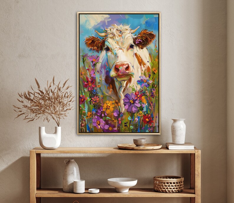 Whimsical Bovine Beauty - A lively painting of a cow among a splash of colourful wildflowers, rendered in a playful, impressionistic style.