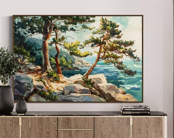 Coastal Whisper: Modern Art Seascape with Vivid Pine Trees Print - Serene Windswept Tree Print for Over The Couch Decor