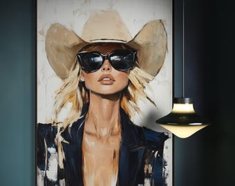 Lámina con estilo western glamuroso: retrato de vaquera atrevida, arte de mujer rubia con estilo, lienzo moderno de estilo campestre o decoración de pared en papel de alta calidad.