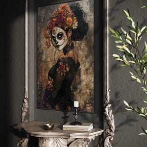 Ethereal portrayal of a woman in Day of the Dead makeup, adorned with a crown of autumn-toned flowers, set against a moody, textured backdrop, evoking both beauty and mystery.