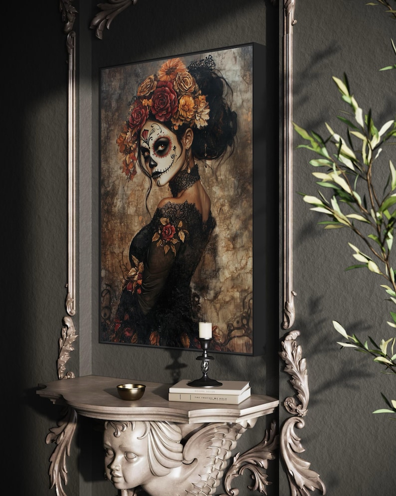 Ethereal portrayal of a woman in Day of the Dead makeup, adorned with a crown of autumn-toned flowers, set against a moody, textured backdrop, evoking both beauty and mystery.