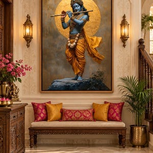 Immerse yourself in divine grace with this exquisite art piece of Lord Krishna playing the flute. The vibrant colors and intricate details make it a captivating addition to any spiritual or cultural space.
