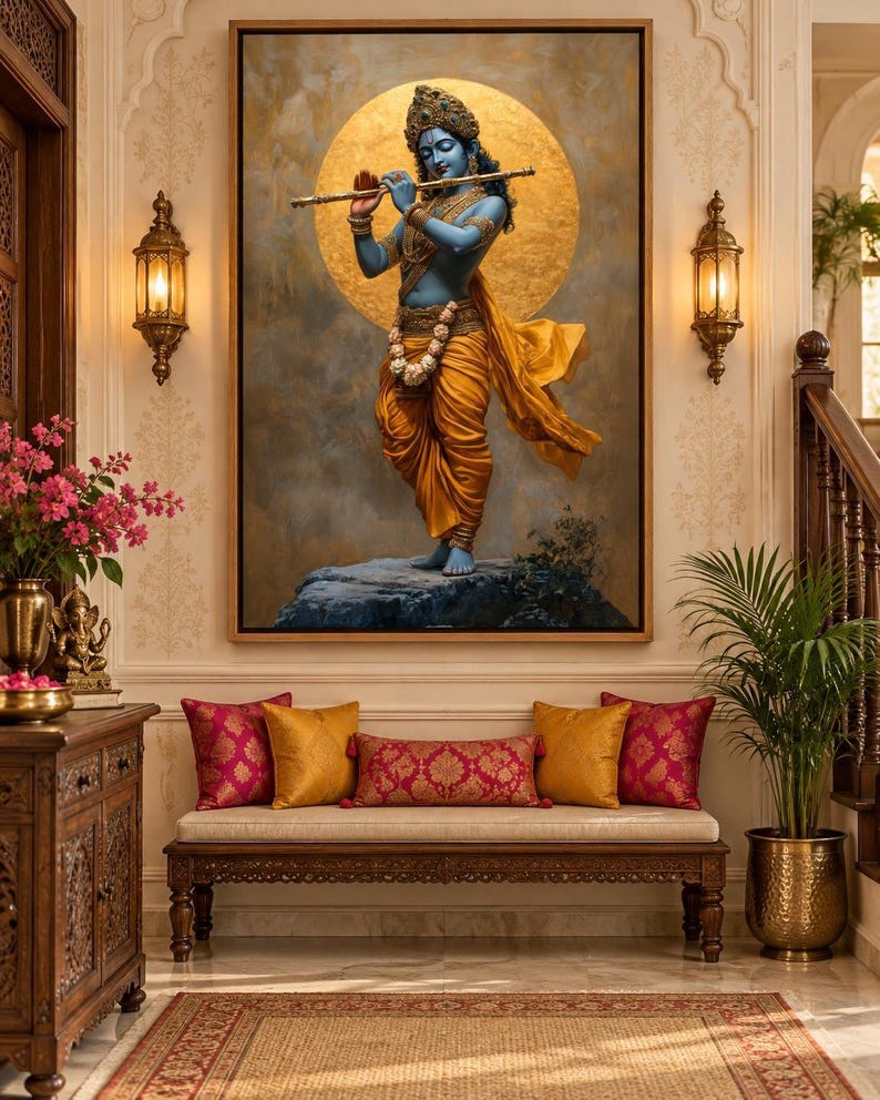 Immerse yourself in divine grace with this exquisite art piece of Lord Krishna playing the flute. The vibrant colors and intricate details make it a captivating addition to any spiritual or cultural space.