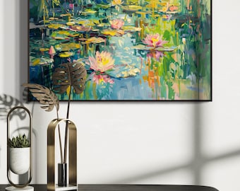 Impressionistische waterleliekunst - moderne levendige kunst aan de muur Lake House, impressionistische kunst van lotusprint, prachtig huisdecor met waterlelies