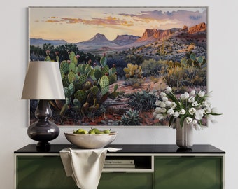 Rustic Arizona Sunset Art – Desert Cactus Landscape Print, Southwest Decor