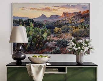 Arizona Desert Sunset - Vibrant Cactus Artwork for Peaceful Bedroom, Rustic Home Decor Southwest Painting on Canvas