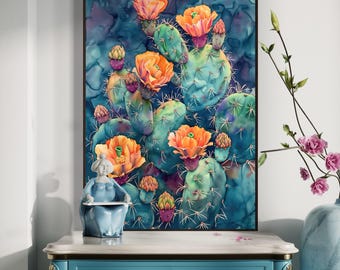 Mexican Prickly Pear Cactus Bloom - Watercolor Succulent Wall Art Print, Desert Cactus Flower Print for Vibrant Home Decor