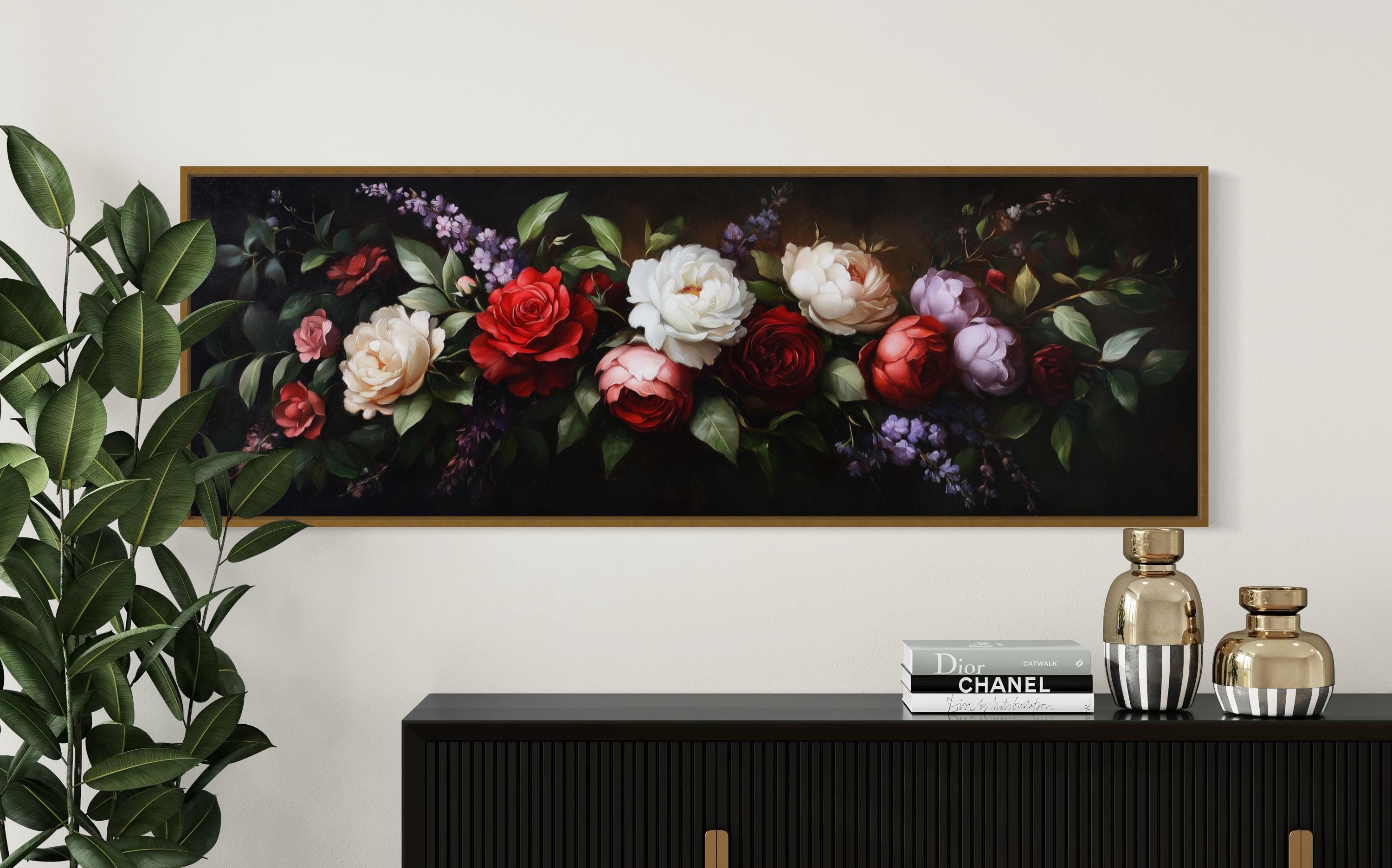 Opulent Floral Canvas – Vintage Rose and Peony Wall Art, Baroque Bouquet  Print, Dark Botanical Decor for Living Room or Above Bed - Etsy, image size:3000x1872