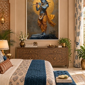 Immerse yourself in divine grace with this exquisite art piece of Lord Krishna playing the flute. The vibrant colors and intricate details make it a captivating addition to any spiritual or cultural space.